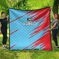 Kuwait cricket quilt, blue and red with diagonal stripe pattern and Kuwait logo.