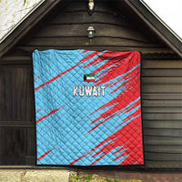 Kuwait cricket quilt hanging display, blue and red quilt with Kuwait text emblem.