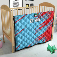 Kuwait cricket quilt on crib, blue and red diagonal lines with Kuwait wordmark.