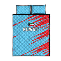 Quilt bed set with light blue quilt, red stripe flag design, KUWAIT logo, two pillow shams