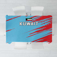 Kuwait-themed tablecloth with blue and red graphic stripes, “KUWAIT” text panel