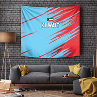 Large Kuwait cricket tapestry on brick wall, blue base with red brush streaks