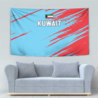 Kuwait cricket tapestry showing blue background with red streaks and Kuwait wordmark
