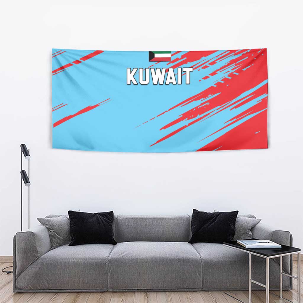 Wall-hung Kuwait cricket tapestry, blue and red streak design with Kuwait lettering
