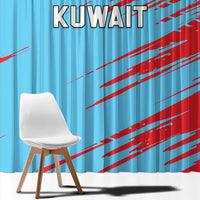 Kuwait cricket window curtain with blue base and red diagonal streaks, front view