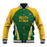 Green and yellow unisex baseball jacket with South Africa print, striped rib collar and cuffs