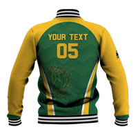 Green and yellow unisex baseball jacket with back text YOUR TEXT 05 and striped rib cuffs
