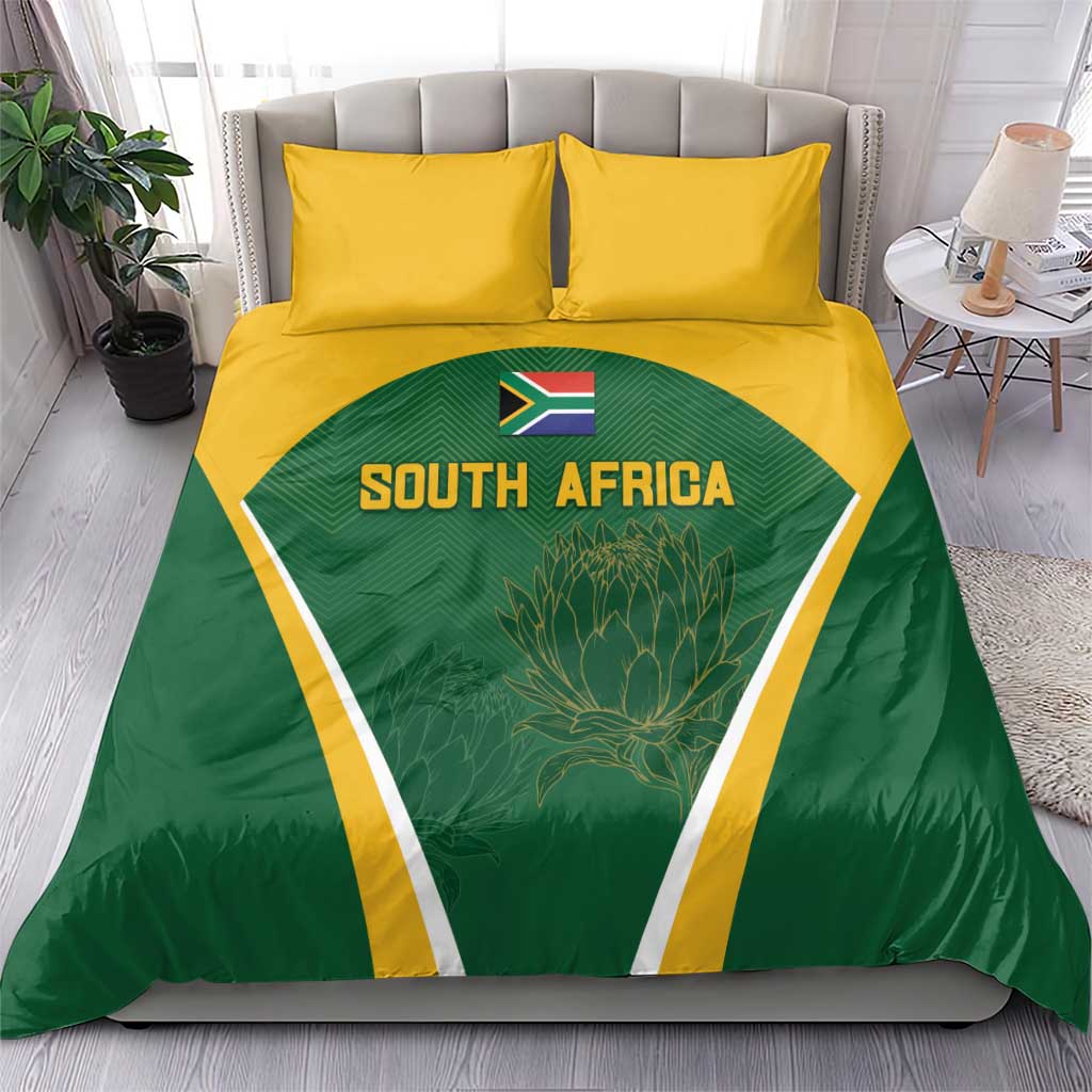 Green and yellow South Africa bedding set with duvet featuring flag and Protea front design