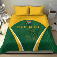 Green South Africa duvet bedding set with yellow trim, flag emblem, and Protea pattern
