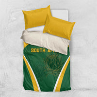 South Africa bedding set with green duvet, yellow pillows, and flag-and-Protea graphic