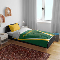 Green and yellow South Africa bedding set on bed with flag emblem and Protea motif