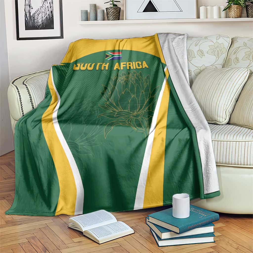 South Africa cricket blanket with green and gold shield design and white border stripe