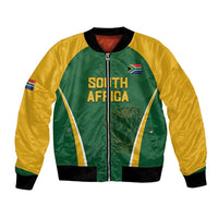 Unisex green-and-yellow South Africa cricket bomber jacket with full zip and ribbed cuffs