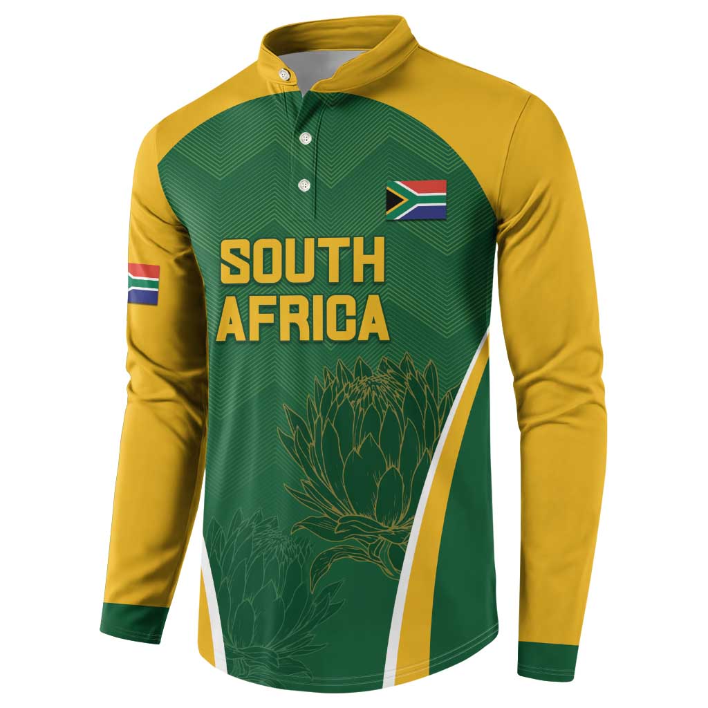 Green and yellow cricket button sweatshirt front with South Africa text and flag patch