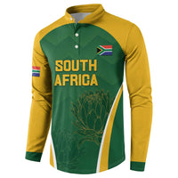 Green and yellow cricket button sweatshirt front with South Africa text and flag patch