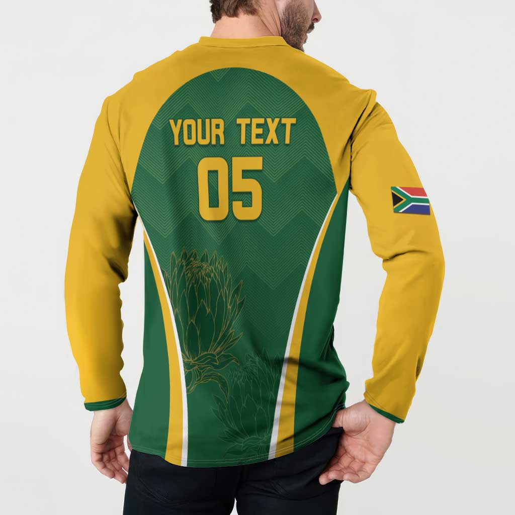 Green and yellow cricket button sweatshirt back with "YOUR TEXT 05" and flag on sleeve