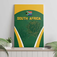 Green South Africa canvas wall art featuring flag crest, PROTEA flower art, and yellow trim