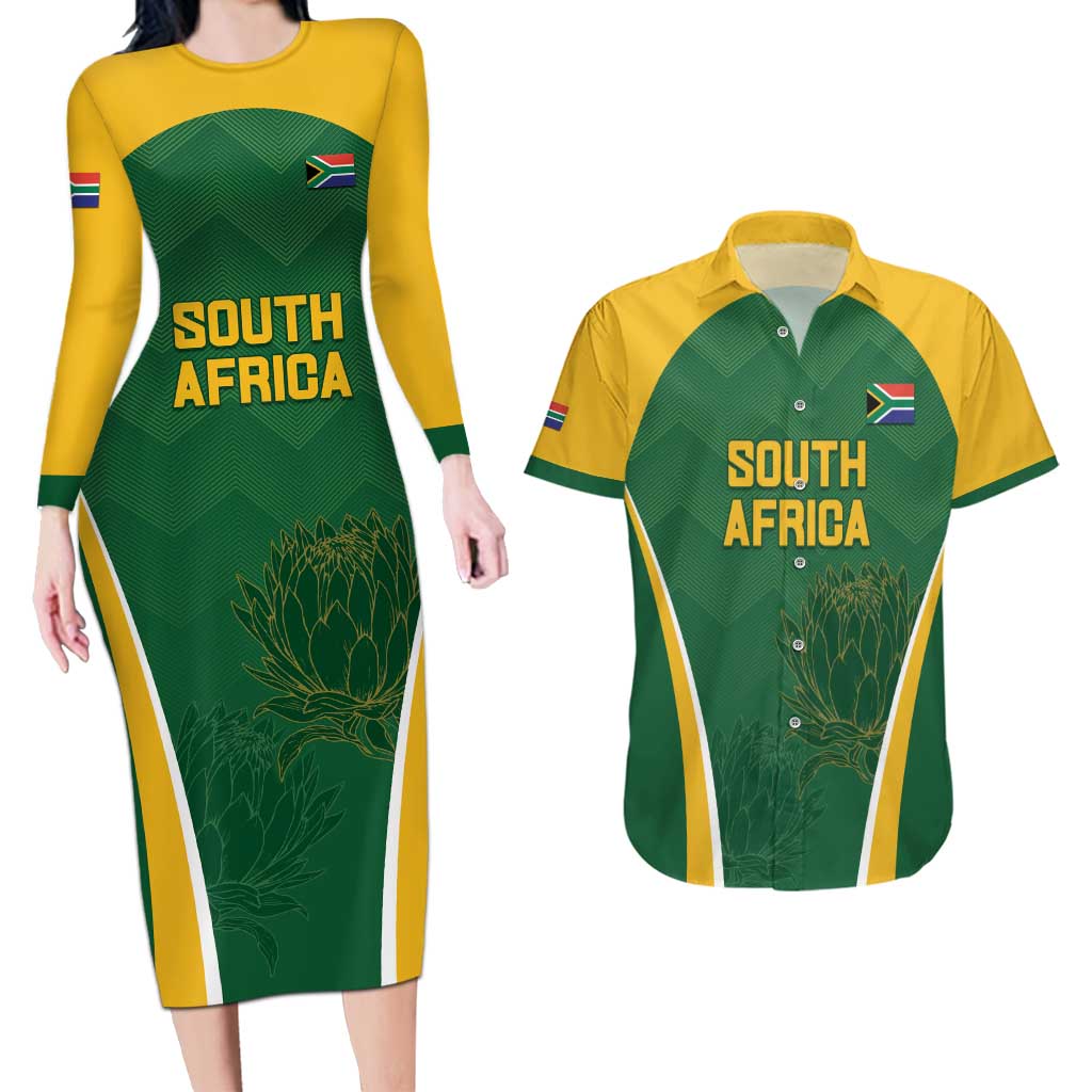 Custom South Africa Cricket Couples Matching Long Sleeve Bodycon Dress and Hawaiian Shirt Go Champions Protea Pattern LT05 - Wonder Print Shop