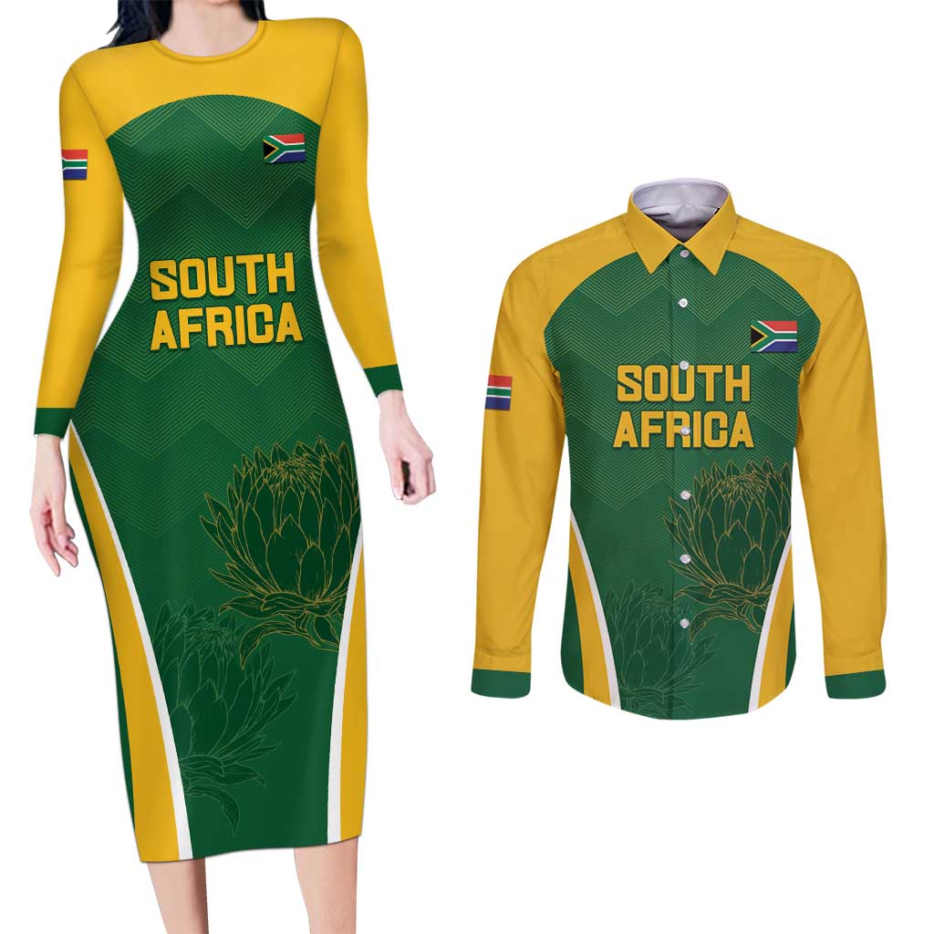 Custom South Africa Cricket Couples Matching Long Sleeve Bodycon Dress and Long Sleeve Button Shirt Go Champions Protea Pattern LT05 - Wonder Print Shop