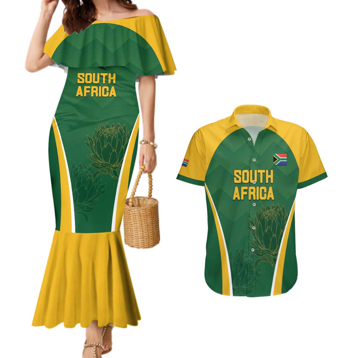 Custom South Africa Cricket Couples Matching Mermaid Dress and Hawaiian Shirt Go Champions Protea Pattern LT05 - Wonder Print Shop