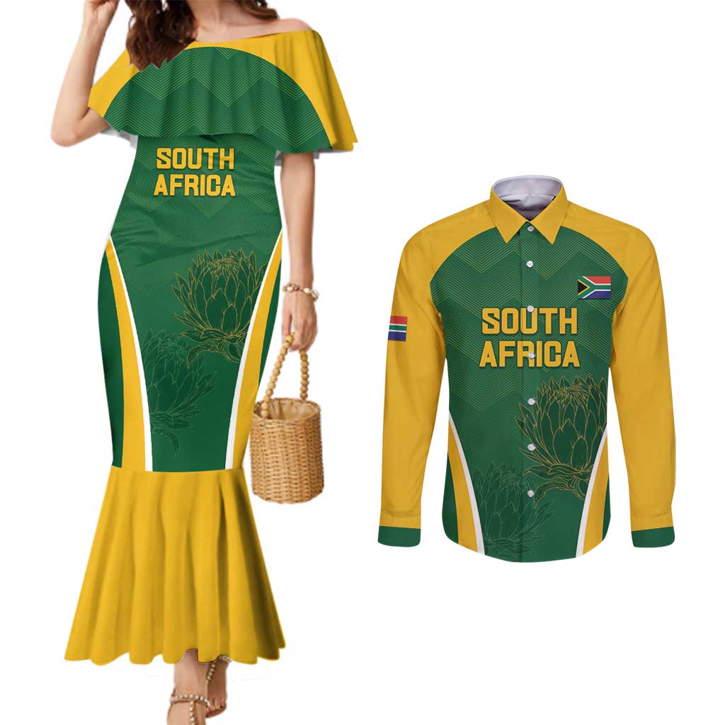 Custom South Africa Cricket Couples Matching Mermaid Dress and Long Sleeve Button Shirt Go Champions Protea Pattern