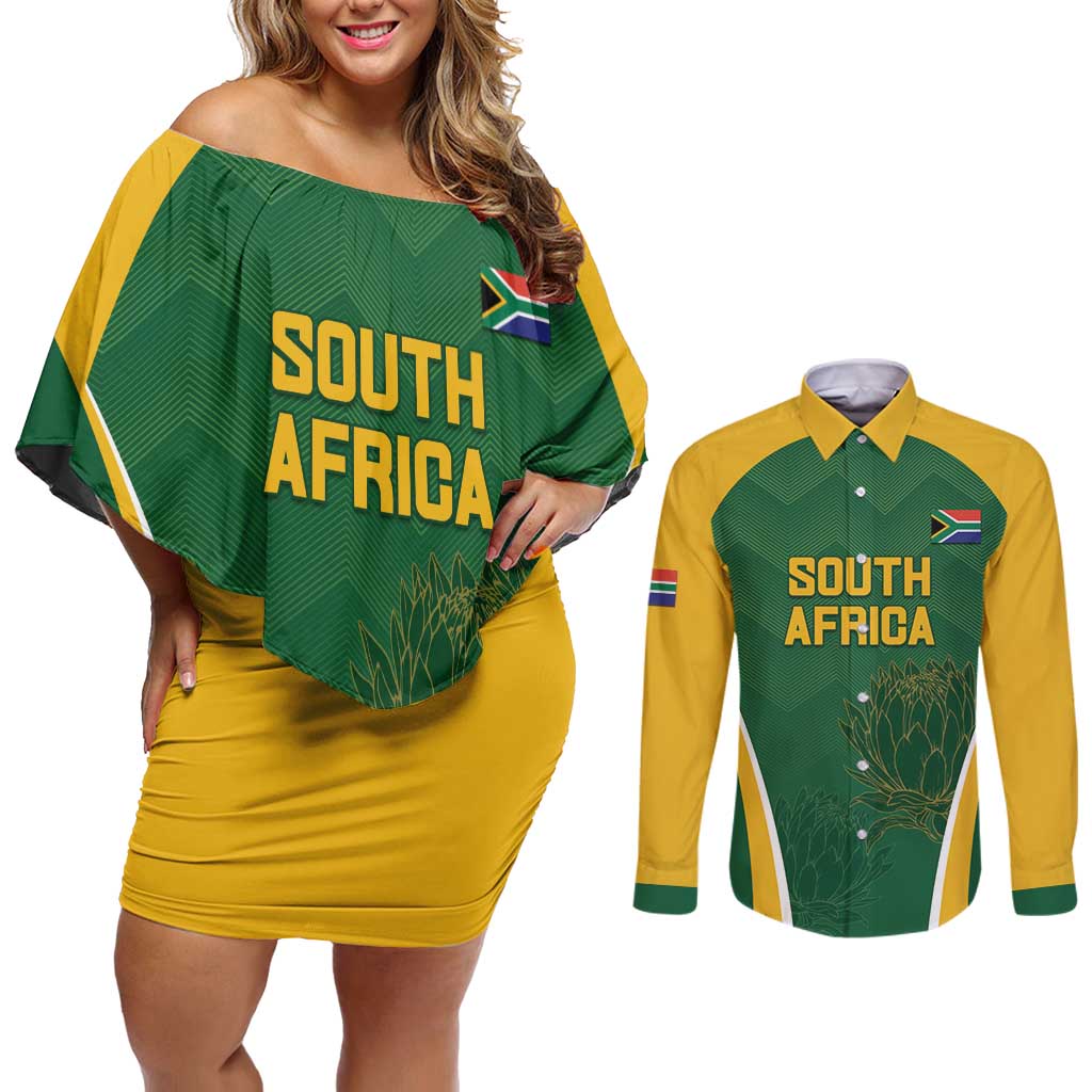 Custom South Africa Cricket Couples Matching Off Shoulder Short Dress and Long Sleeve Button Shirt Go Champions Protea Pattern LT05 - Wonder Print Shop