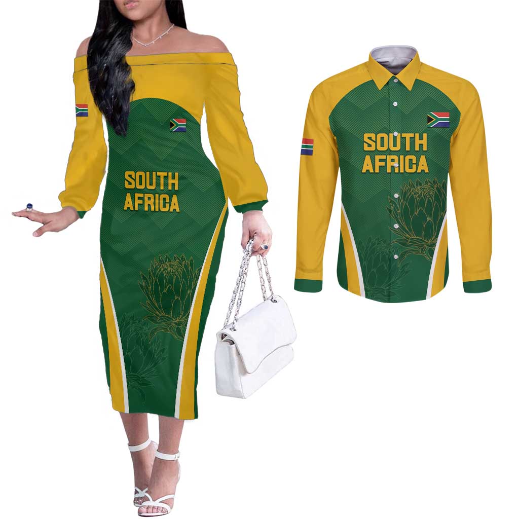 Custom South Africa Cricket Couples Matching Off The Shoulder Long Sleeve Dress and Long Sleeve Button Shirt Go Champions Protea Pattern