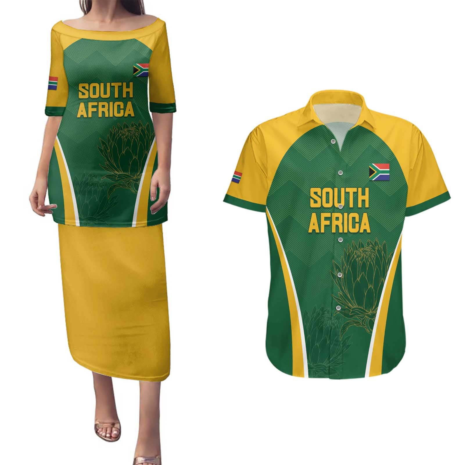 Custom South Africa Cricket Couples Matching Puletasi and Hawaiian Shirt Go Champions Protea Pattern LT05 - Wonder Print Shop