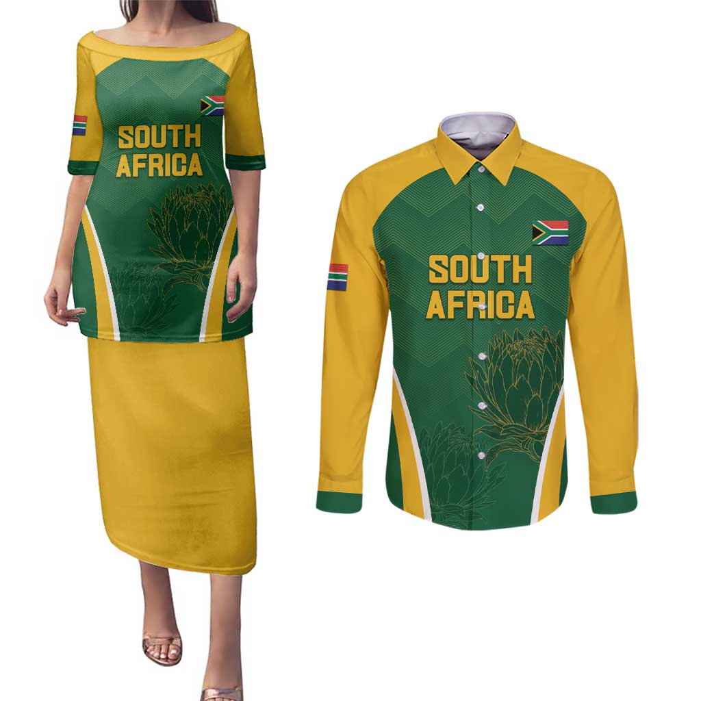 Custom South Africa Cricket Couples Matching Puletasi and Long Sleeve Button Shirt Go Champions Protea Pattern LT05 - Wonder Print Shop