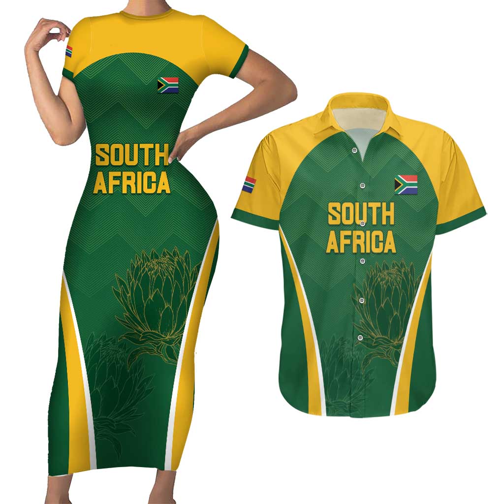 Custom South Africa Cricket Couples Matching Short Sleeve Bodycon Dress and Hawaiian Shirt Go Champions Protea Pattern LT05 - Wonder Print Shop