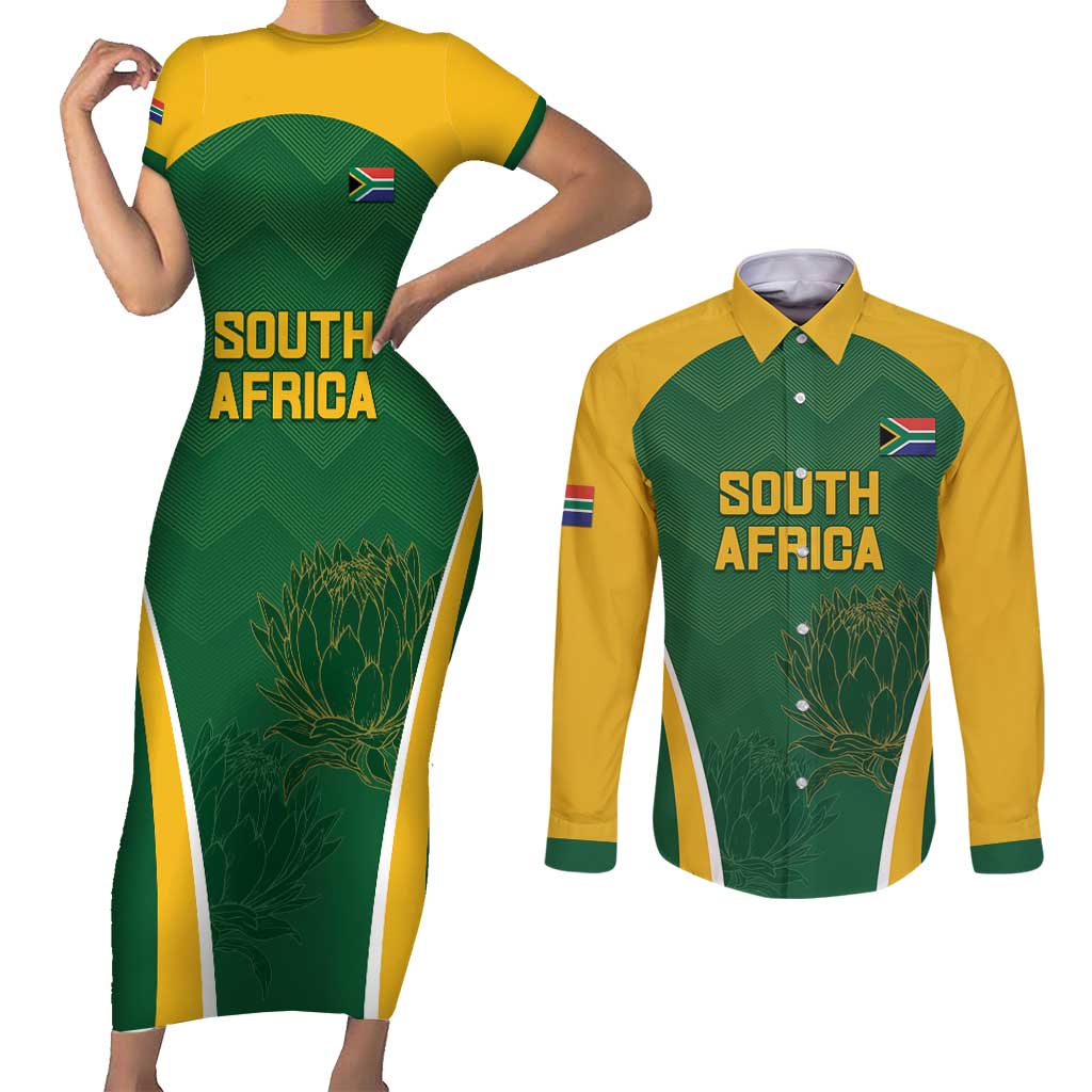 Custom South Africa Cricket Couples Matching Short Sleeve Bodycon Dress and Long Sleeve Button Shirt Go Champions Protea Pattern LT05 - Wonder Print Shop