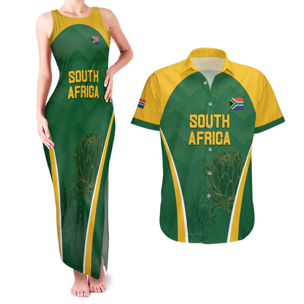 Custom South Africa Cricket Couples Matching Tank Maxi Dress and Hawaiian Shirt Go Champions Protea Pattern LT05 - Wonder Print Shop