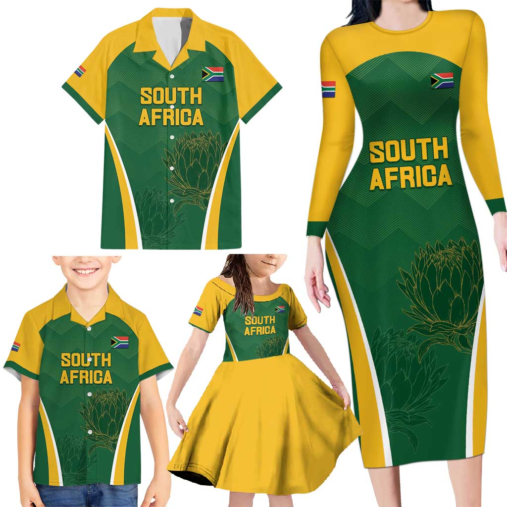 Custom South Africa Cricket Family Matching Long Sleeve Bodycon Dress and Hawaiian Shirt Go Champions Protea Pattern LT05 - Wonder Print Shop