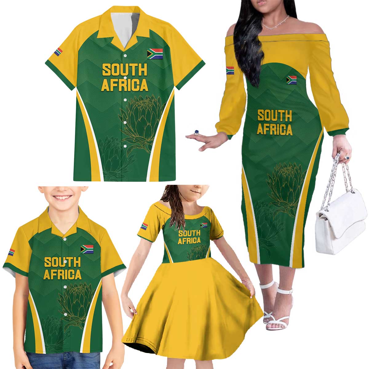 Custom South Africa Cricket Family Matching Off The Shoulder Long Sleeve Dress and Hawaiian Shirt Go Champions Protea Pattern LT05 - Wonder Print Shop