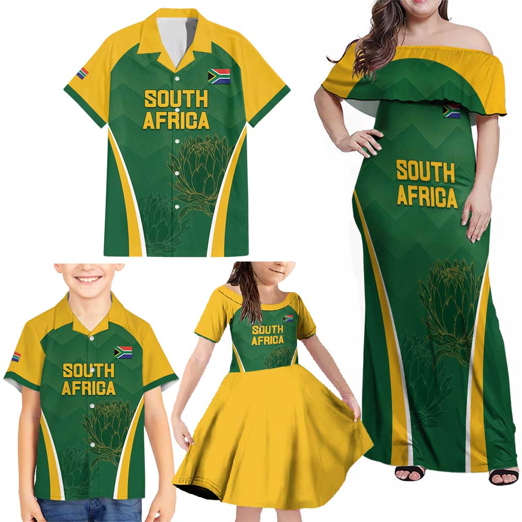 Custom South Africa Cricket Family Matching Off Shoulder Maxi Dress and Hawaiian Shirt Go Champions Protea Pattern LT05 - Wonder Print Shop