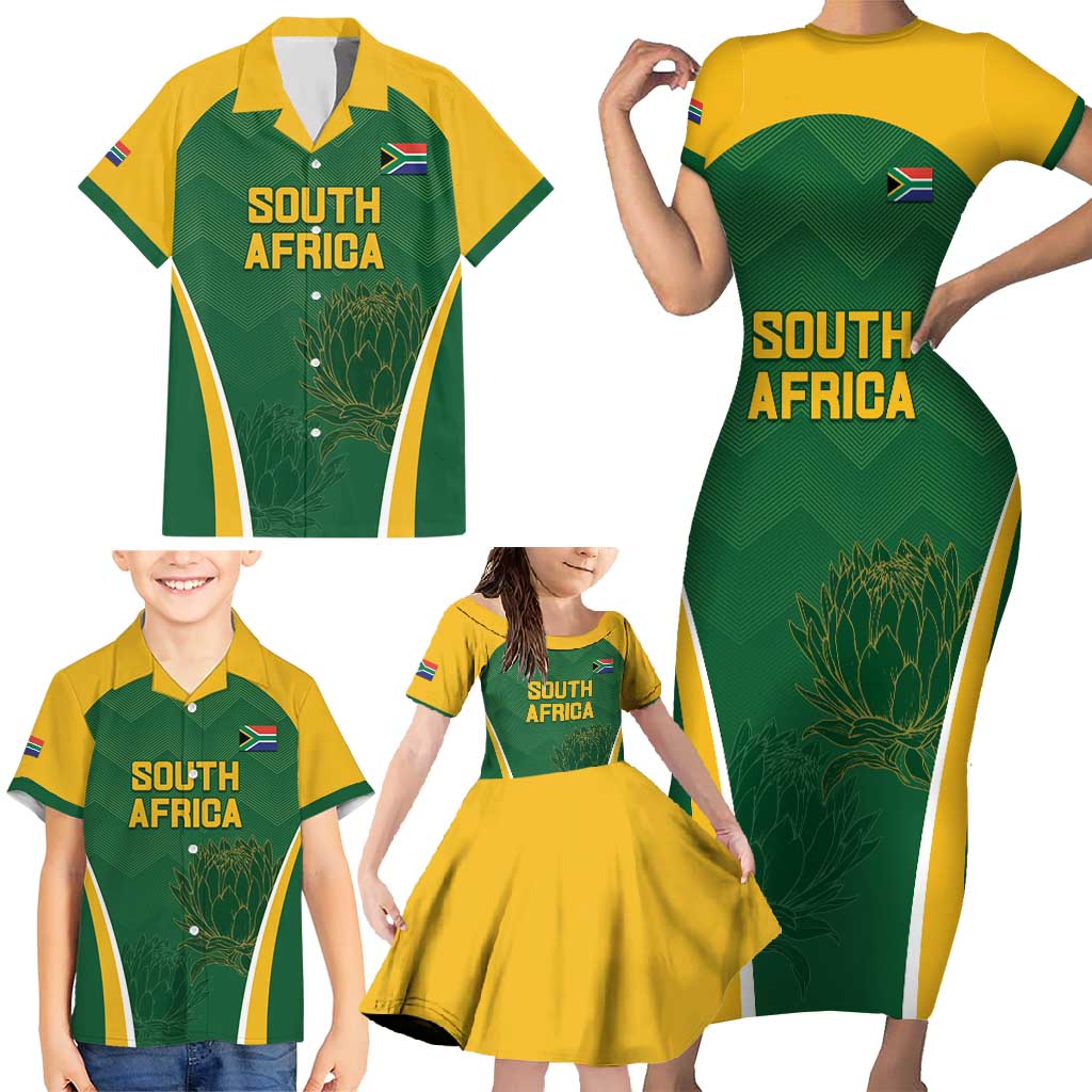 Custom South Africa Cricket Family Matching Short Sleeve Bodycon Dress and Hawaiian Shirt Go Champions Protea Pattern LT05 - Wonder Print Shop