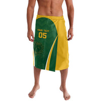 Yellow and green printed lavalava with diagonal stripe and '05' text, knee length