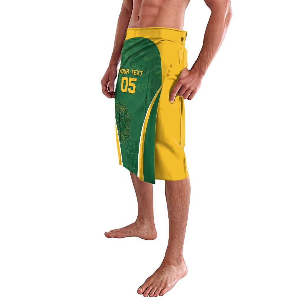 Yellow and green diagonal-panel lavalava with '05' graphic, knee length