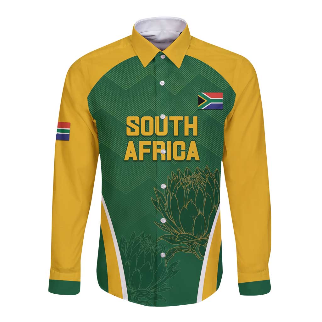 Green and yellow long-sleeve cricket button shirt with South Africa text and flag badge