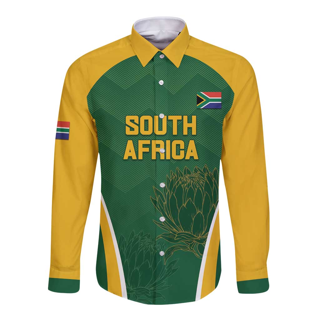 Custom South Africa Cricket Long Sleeve Button Shirt Go Champions Protea Pattern LT05 - Wonder Print Shop