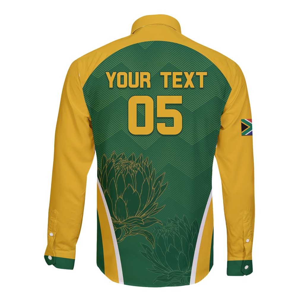 Back view of green and yellow long-sleeve cricket button shirt with YOUR TEXT and 05