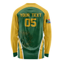 Green and yellow cricket long-sleeve shirt with back text 'YOUR TEXT' and number '05'