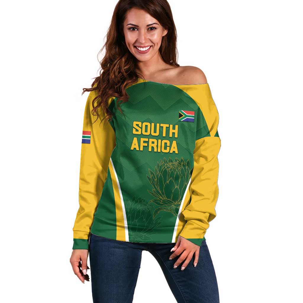 Custom South Africa Cricket Off Shoulder Sweater Go Champions Protea Pattern