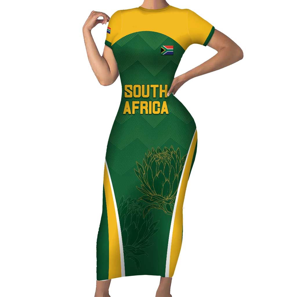 Custom South Africa Cricket Short Sleeve Bodycon Dress Go Champions Protea Pattern