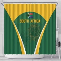Cricket-themed shower curtain in green and yellow with Protea crest and South Africa text