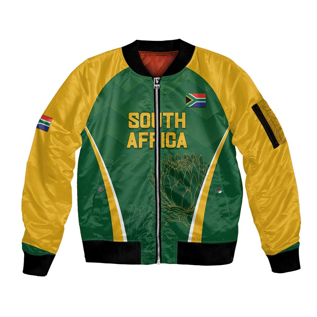 Custom South Africa Cricket Sleeve Zip Bomber Jacket Go Champions Protea Pattern