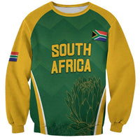 Unisex cricket sweatshirt with green front panel, yellow sleeves, South Africa graphic