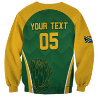 Unisex cricket sweatshirt with green back panel, yellow sleeves, Your Text 05 graphic
