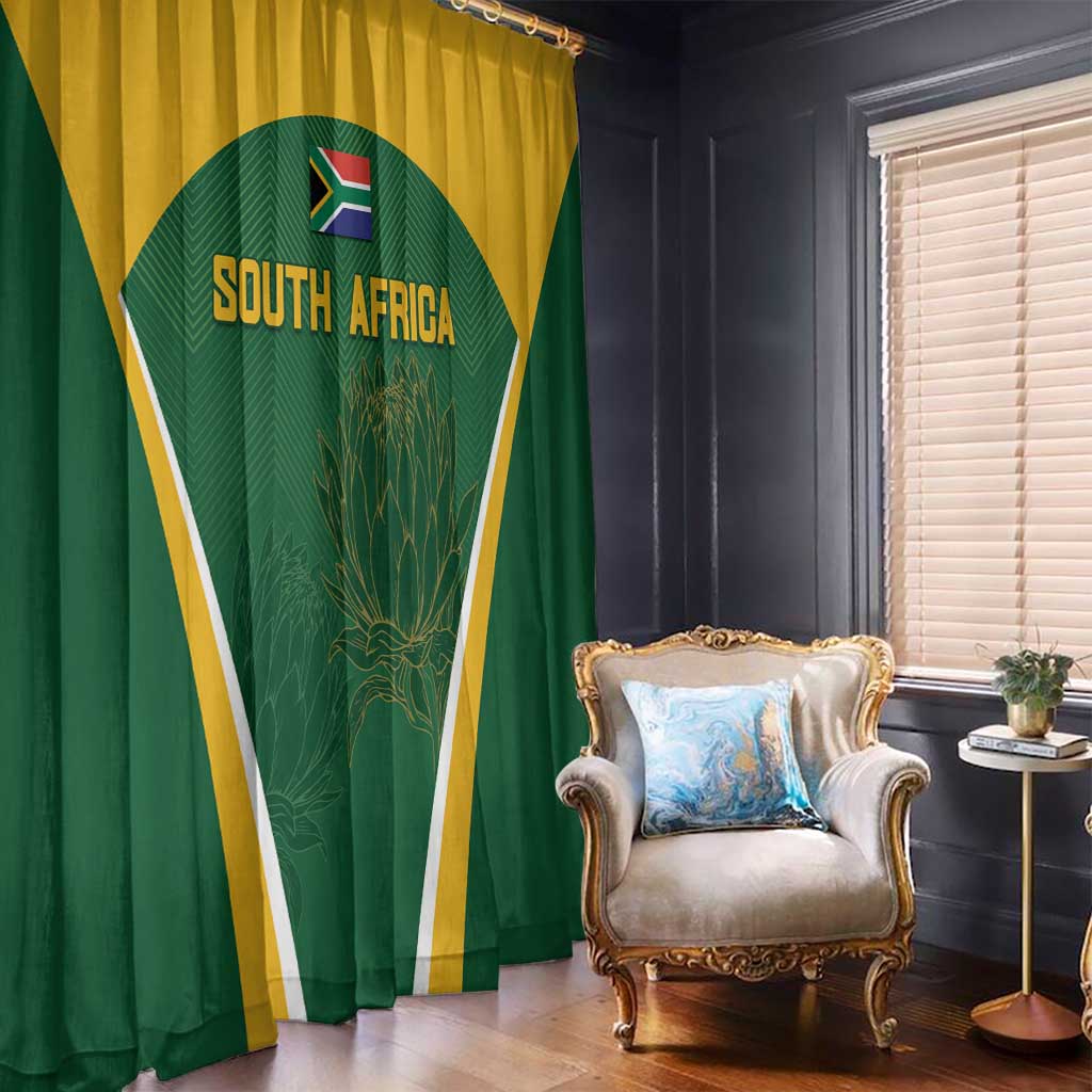 Green South Africa curtain panel with gold header, diagonal frame, and Protea leaf artwork.