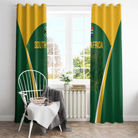 Green South Africa curtains with gold top panels, diagonal trim, Protea leaf and crest graphic.